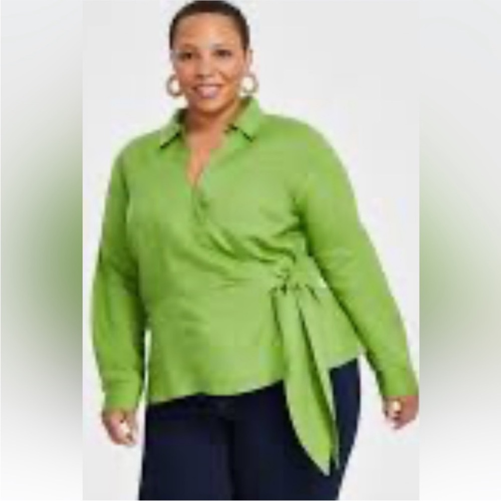 INC International Concepts Lime Green Linen Wrap Blouse Y2K